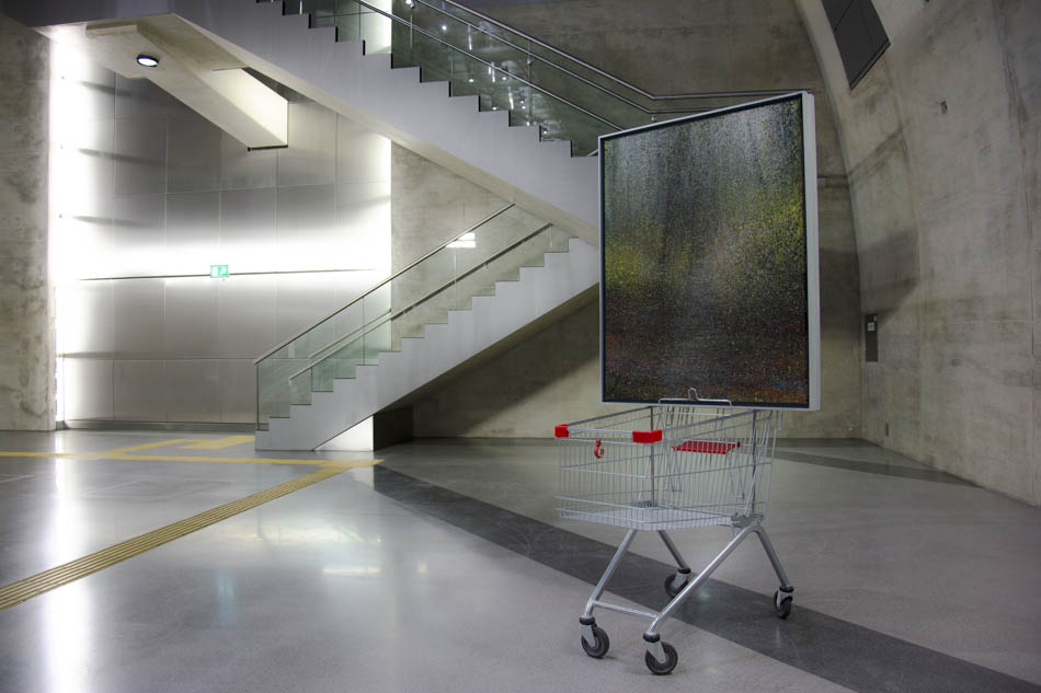 David Komander, Installation, "BORDERLINER", Cologne Heumarkt 2015, painting 100x125 cm, oil/canvas 2011